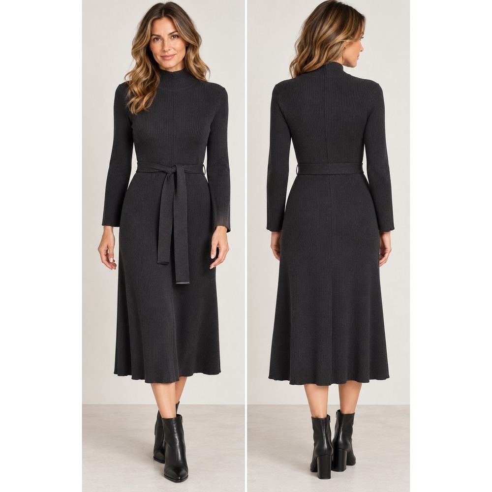CALVIN KLEIN Msrp $134 Stretch Knit Ribbed Grey Belted Sweater Dress Sz Small